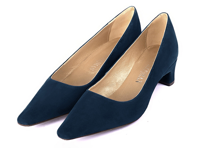 Navy blue women's dress pumps,with a square neckline. Tapered toe. Low kitten heels. Front view - Florence KOOIJMAN